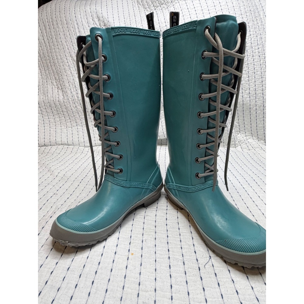 Bogs Womens Teal Blue Waterproof Lace Up Tall Rain Boots Rubber Outdoor Shoes - Picture 5 of 9